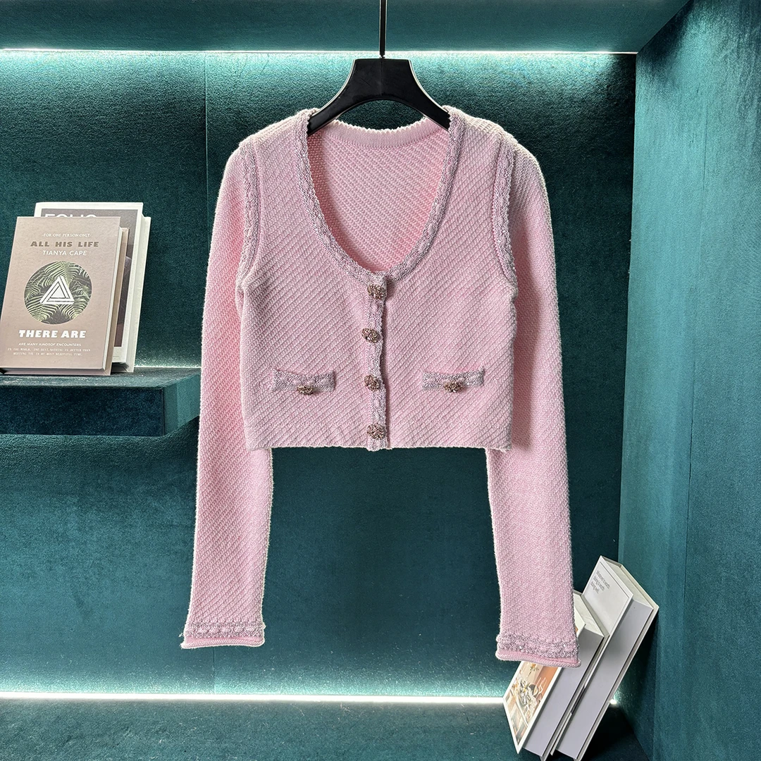 【CENFUN】小香风气质针织粉色长袖短款修身设计师显瘦A231165