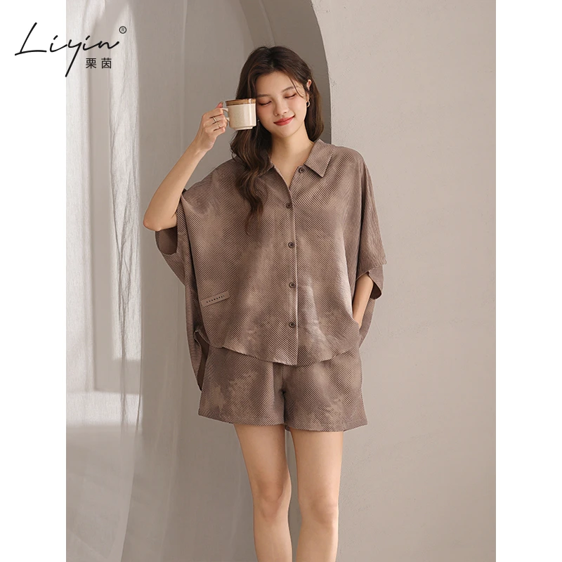 栗茵夏季设计师款睡衣女夏天泡泡绵蝙蝠袖少女短裤时尚家居服套装