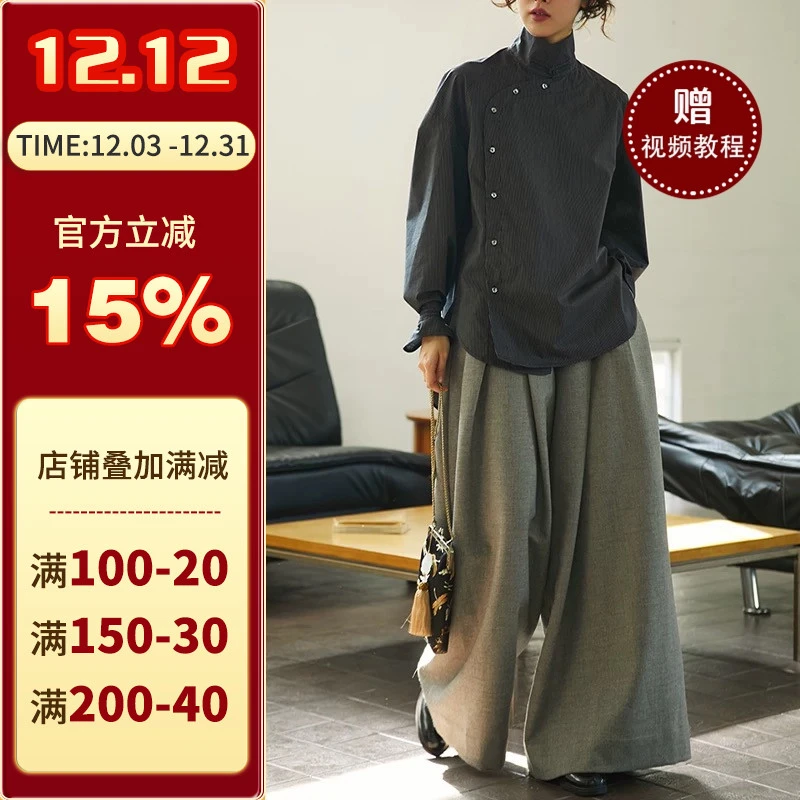 沪小鹿纸样 新中式复古宽松不对称设计衬衫宽腿裤套装纸样 XWZ043