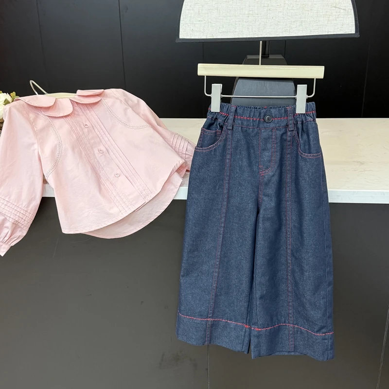 leomama女童春季新款阔腿裤女宝红线牛仔休闲裤儿童春款韩版裤子