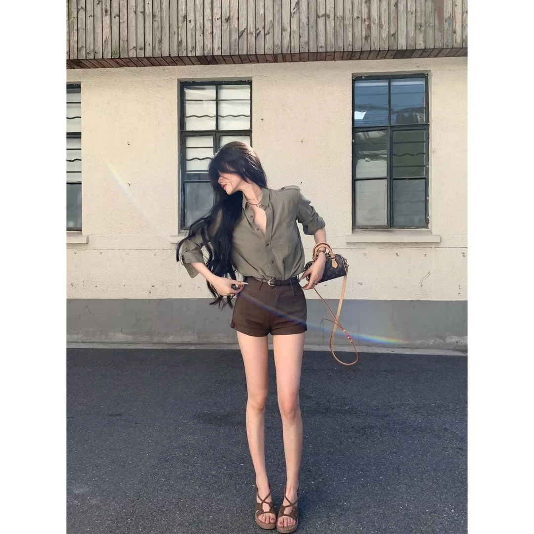 【松弛主义】早秋韩系复古风宽松设计感翻领工装衬衫短裤套装Y3152