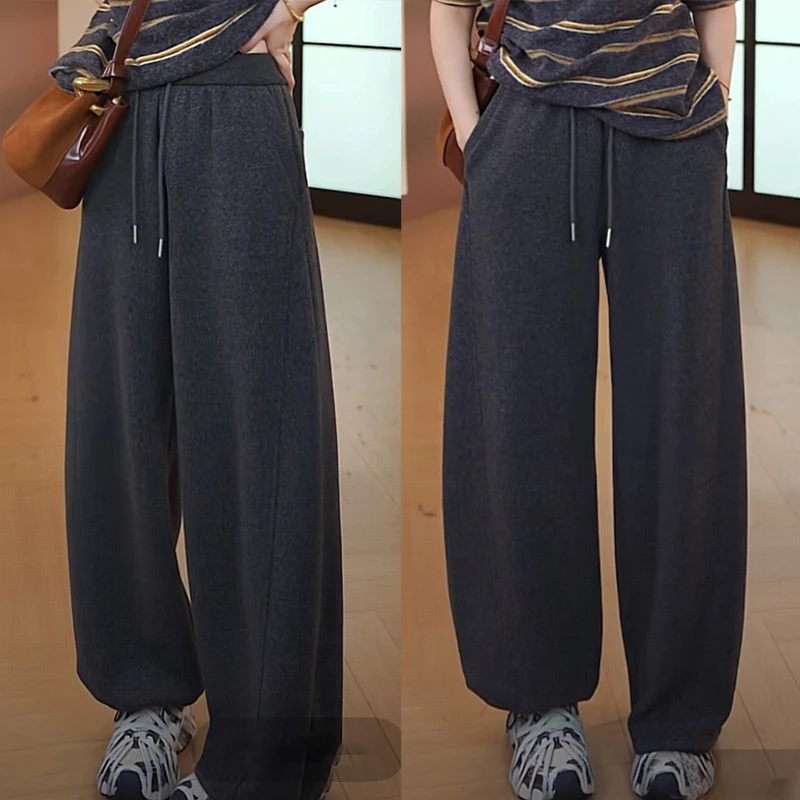 韩版时尚松紧腰抽绳阔腿卫裤女2025秋冬新款加绒保暖宽松休闲裤子