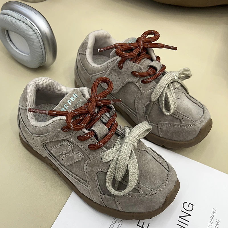 2024秋冬洋气真皮加绒男童德训鞋女童单里防滑运动鞋复古百搭ins