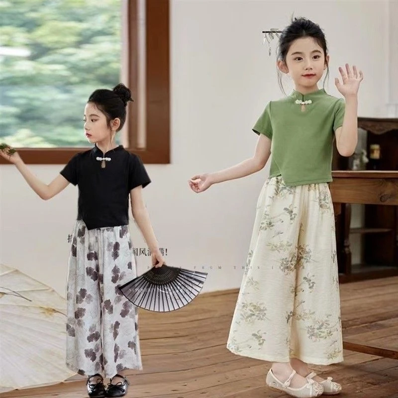 女童夏季中式国风套装2025新款洋气盘扣短袖儿童长裤两件套