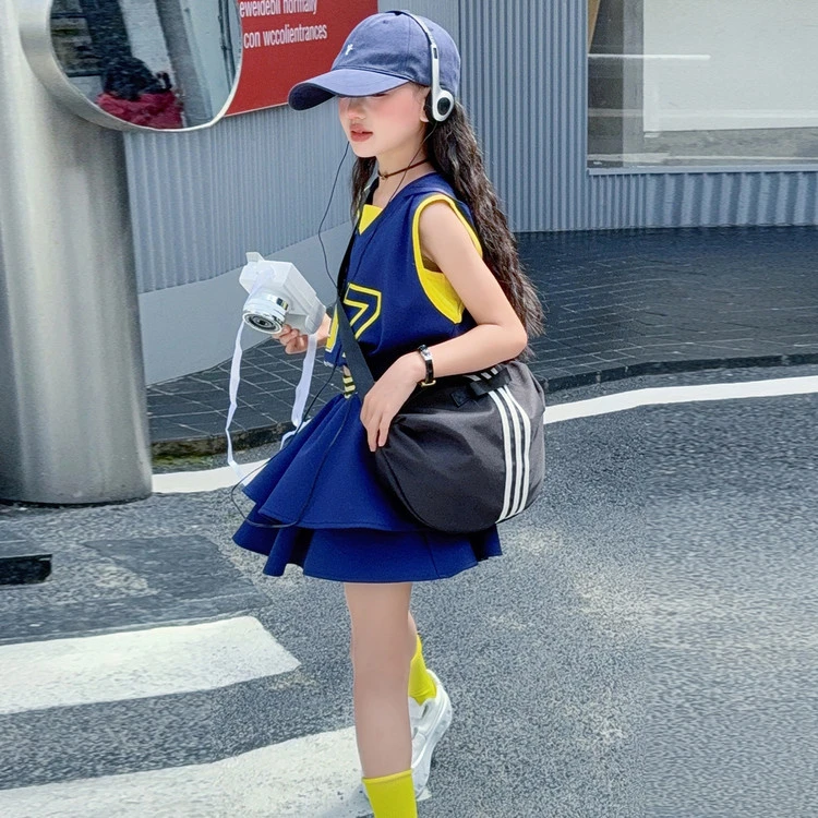 6-9-12岁女大童夏装女童洋气时髦套装小女孩儿童网球裙运动服无袖