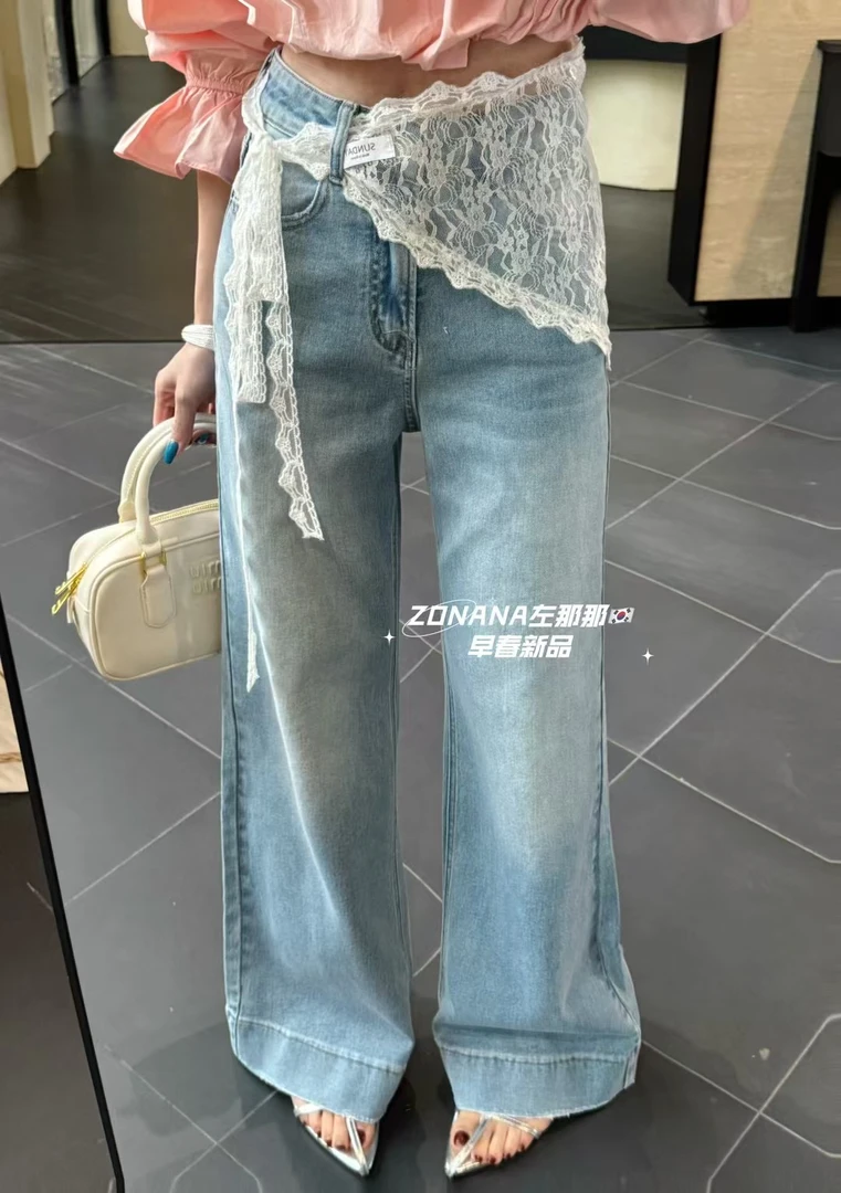 【FF-】2025春季新款蕾丝高腰显瘦直筒阔腿裤时尚个性设计