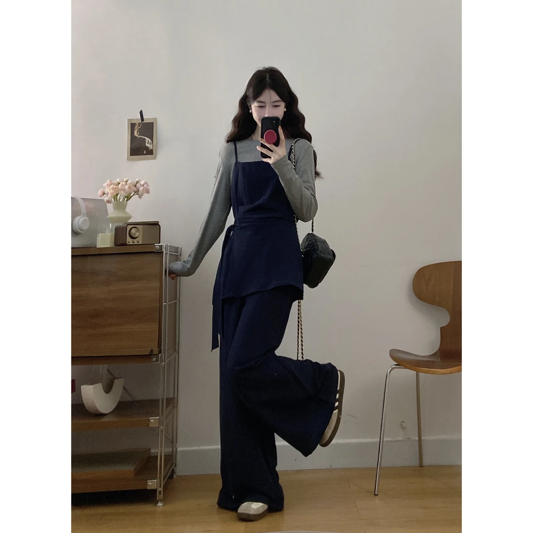 大码2025秋季新款胖mm时尚百搭绑带上衣吊带高腰显瘦三件套女