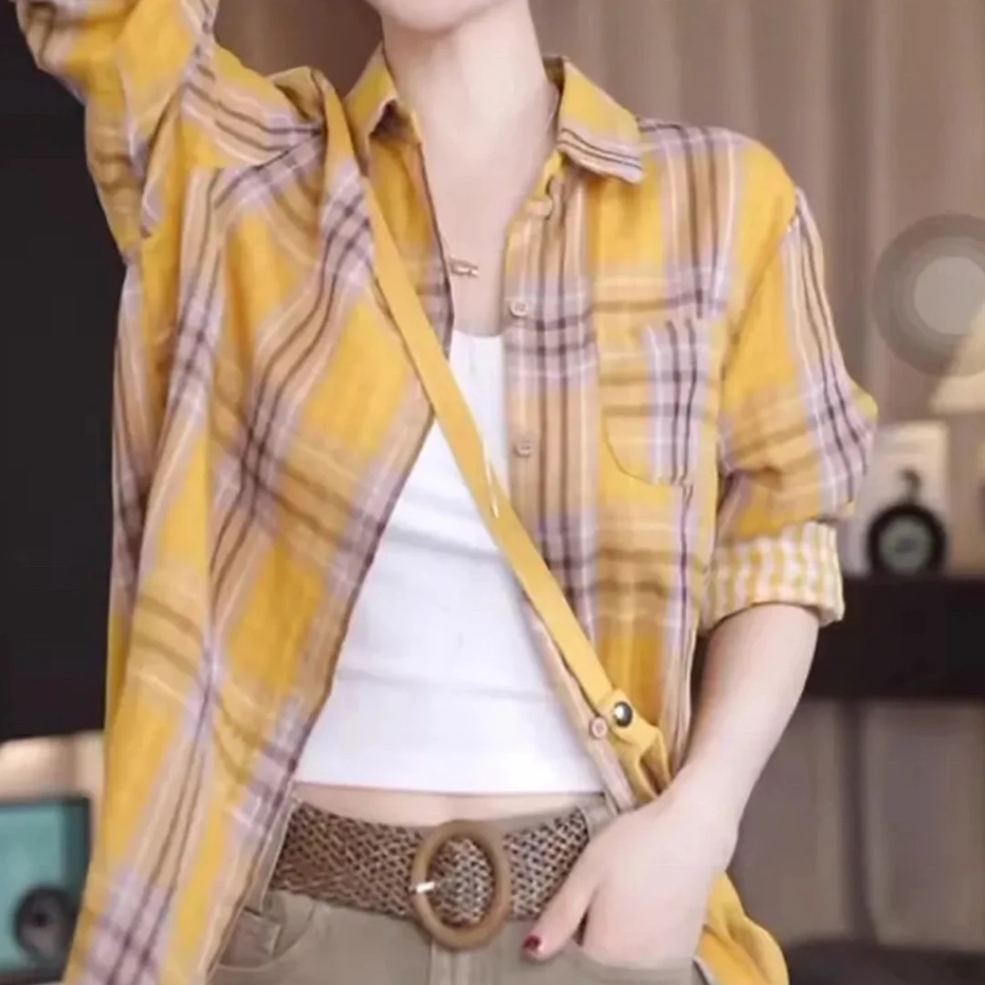 613-复古印花格子衬衫百搭韩版单面衬衣2025春夏新款高级感上衣