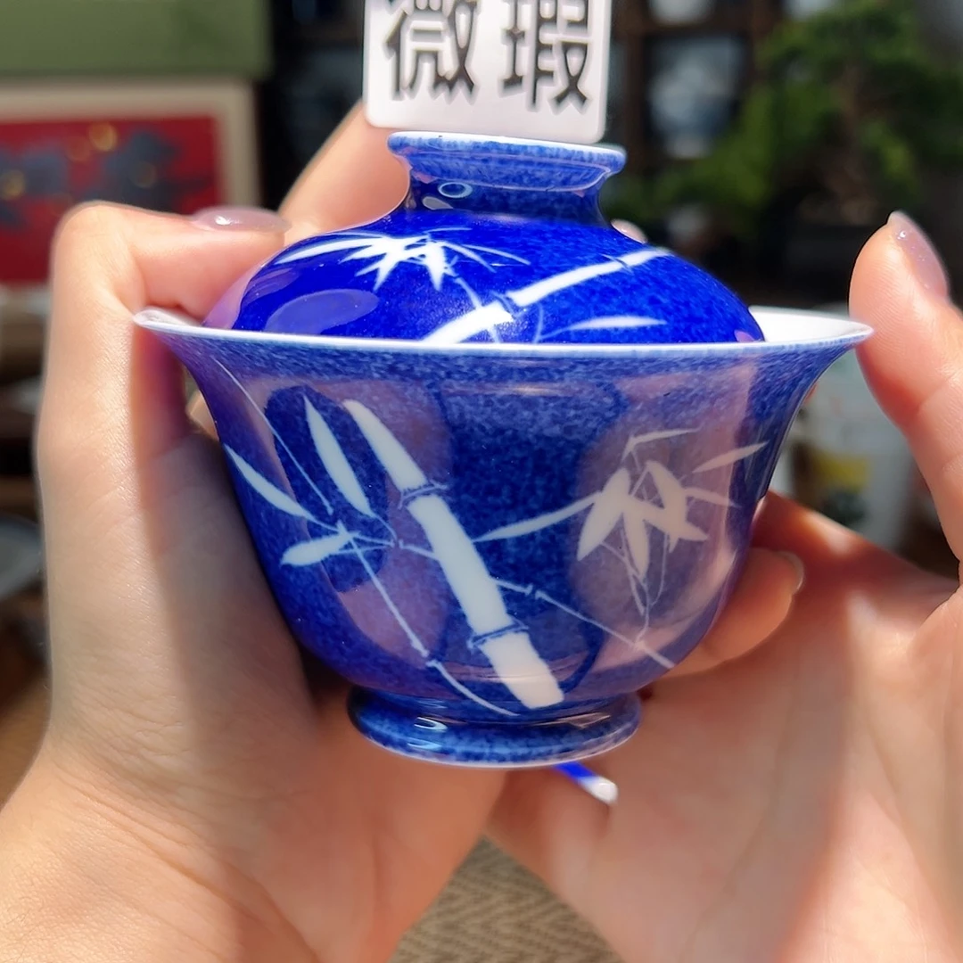 【闪购商品】微瑕 手绘  洒蓝 盖碗