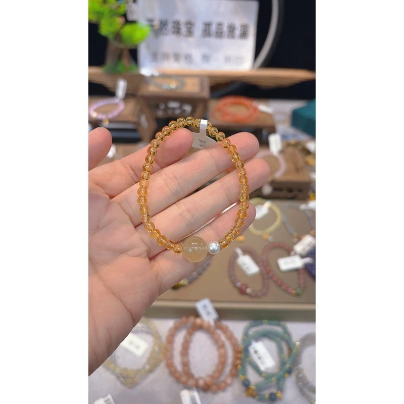 单圈黄水晶搭柠檬晶大珠加贝珠款手串Y805