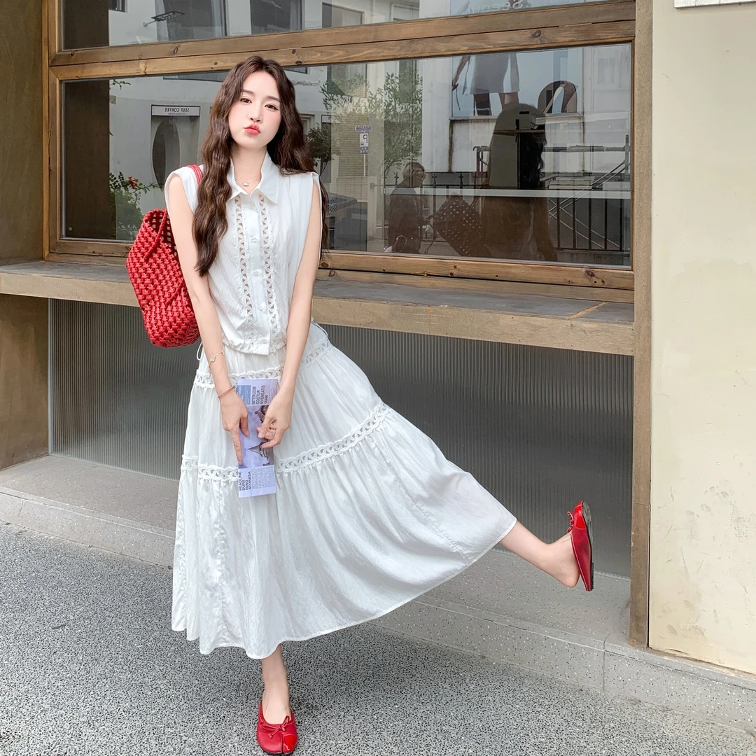 法式复古设计感套装裙女夏新款时尚洋气休闲无袖衬衫半身裙两件套