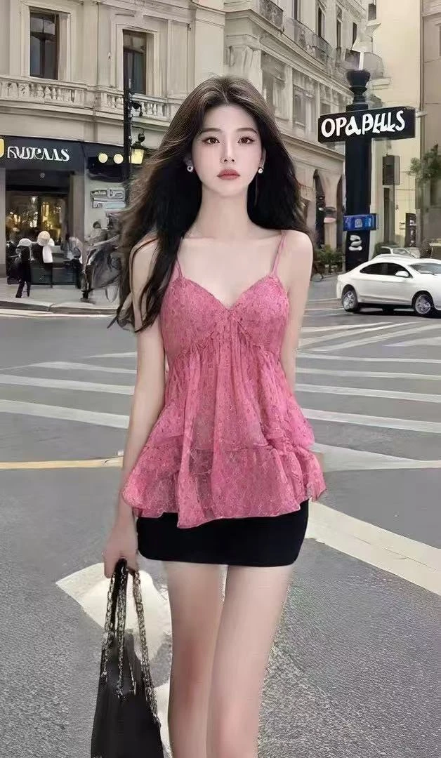 小啊追XAZ【恋爱循环】甜辣波点印花吊带背心荷叶边蛋糕下摆上衣