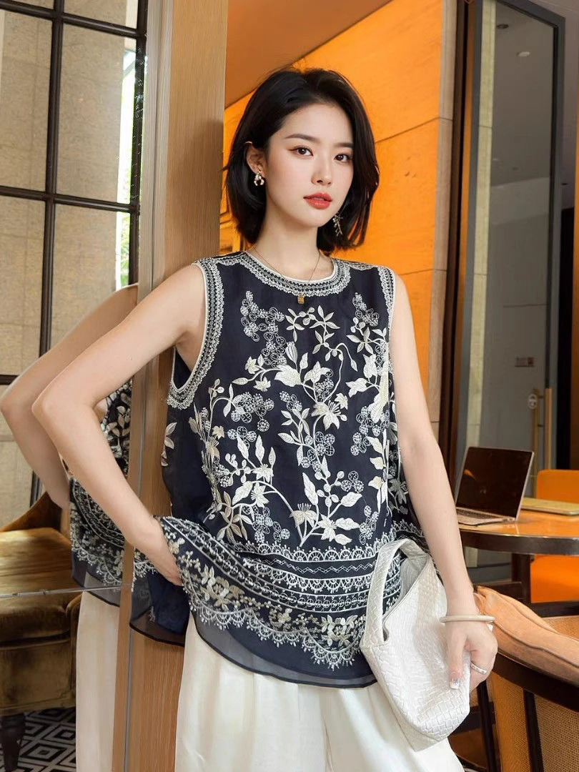 新中式国风重工刺绣夏季欧根纱马甲时尚洋气坎肩高级感气质背心女