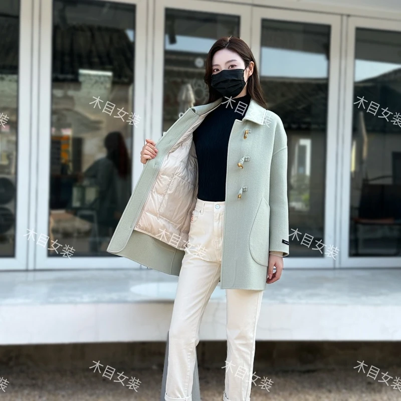 N539--秋冬简约风三穿可拆卸内胆90鹅绒羽绒羊毛大衣双面呢外套