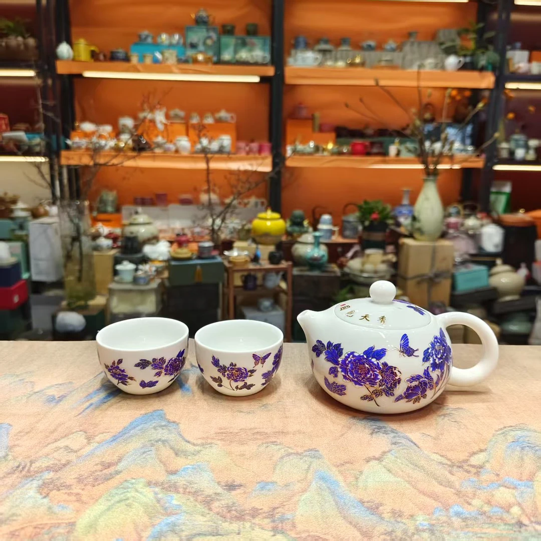 玲珑 羊脂玉瓷变色国色天香牡丹西施一壶两杯小套装功夫茶具-2392