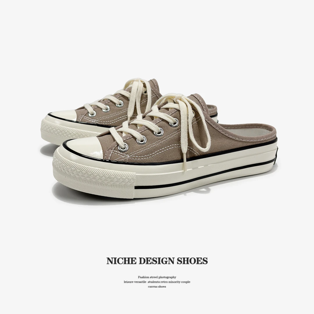 灰色半拖帆布鞋男女同款夏季百搭休闲时尚平底透气板鞋