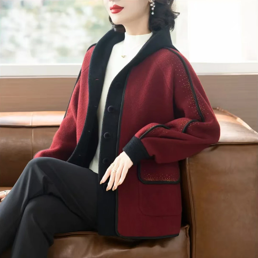 妈妈秋冬外套连帽洋气中老年女士宽松上衣休闲大码针织衫厚款百搭