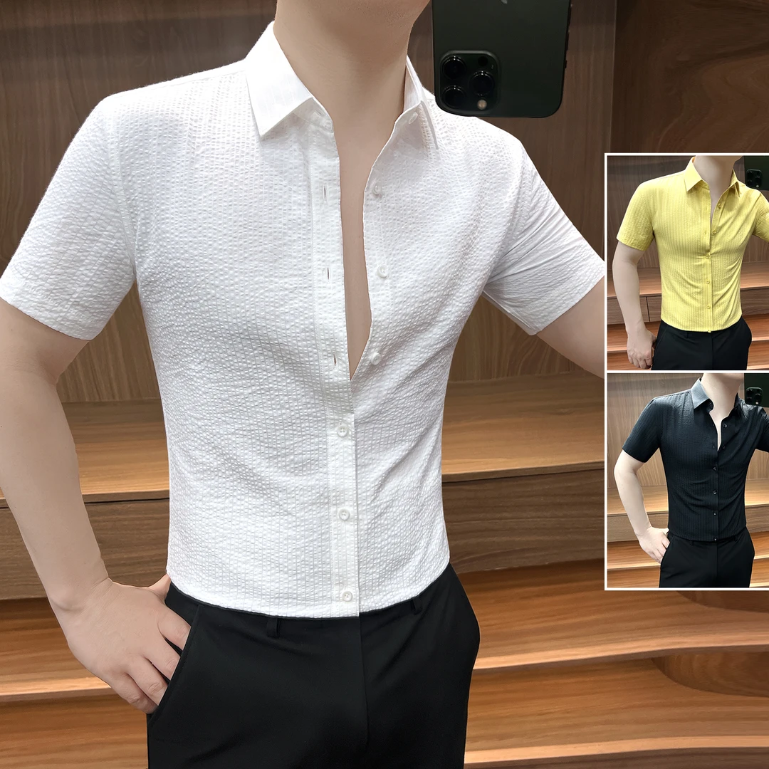 泡泡纱男士短袖衬衫秋季高级感商务休闲男装痞帅条纹修身男款衬衣
