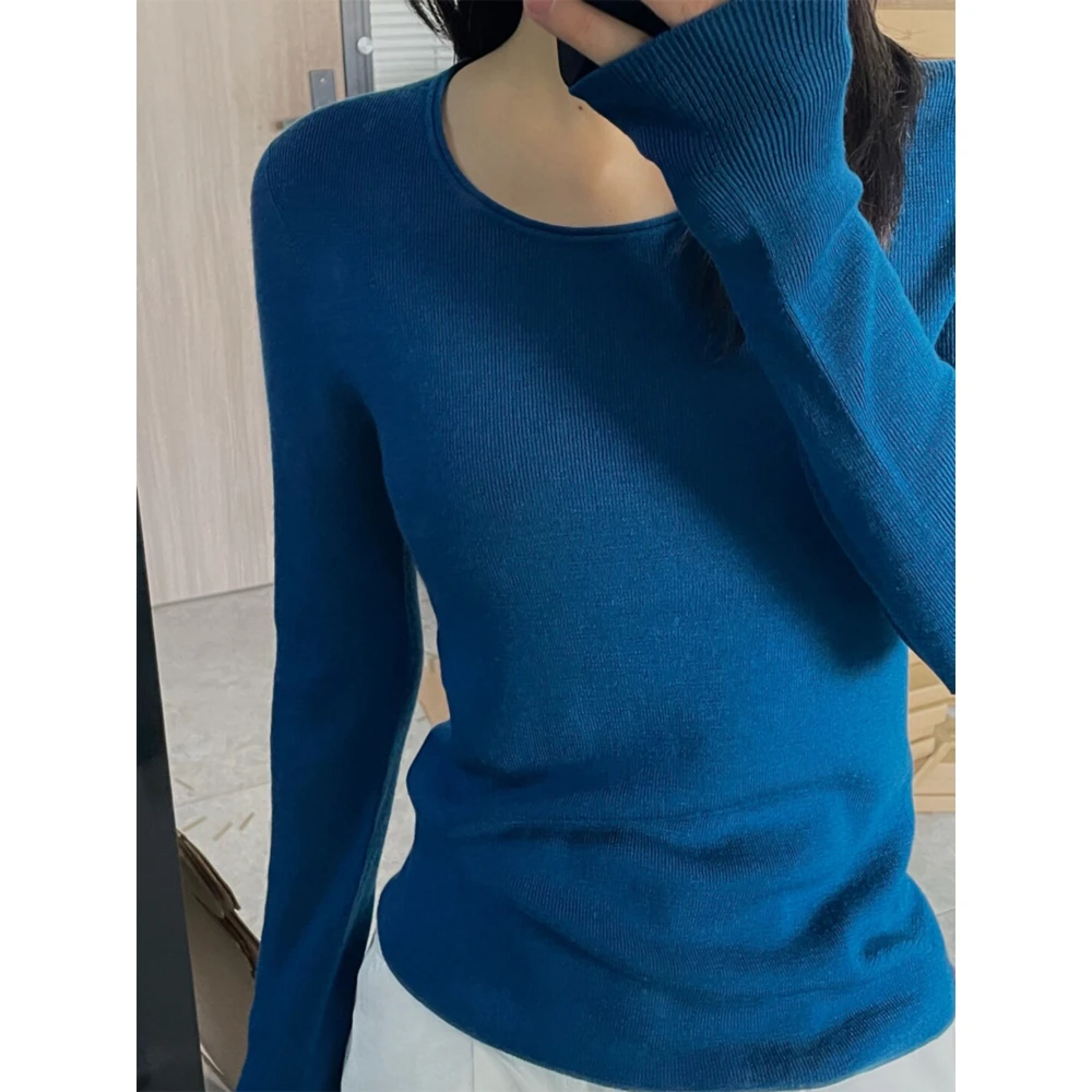 显瘦卷边大领口露锁骨圆领百搭针织衫女春秋款长袖针织打底衫上衣