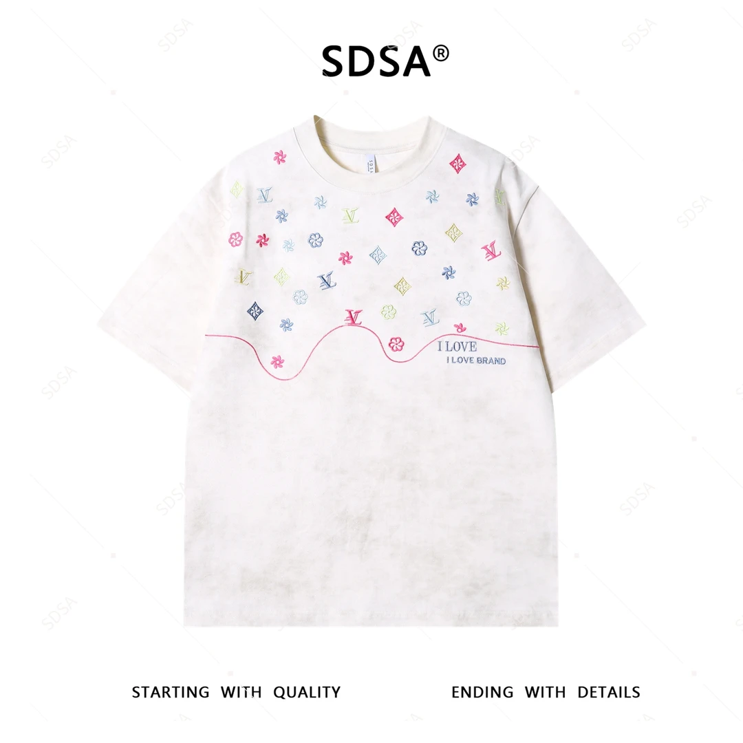 SDSA夏季新款男士痞帅潮牌彩色刺绣花卉字母圆领长袖T恤百搭时尚