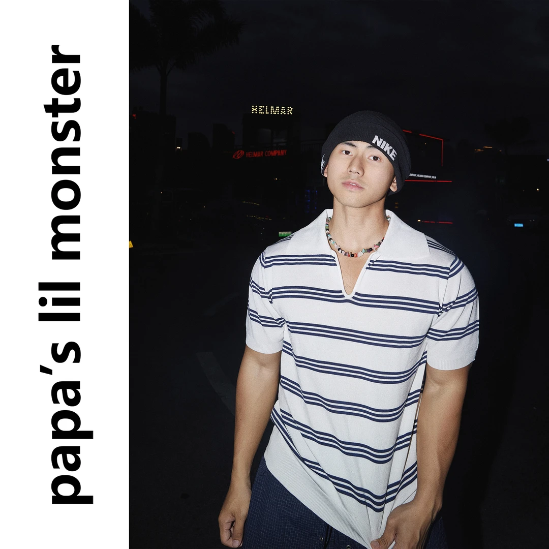 PAPASLILMONSTER美式复古POLO衫条纹翻领针织短袖上衣男潮