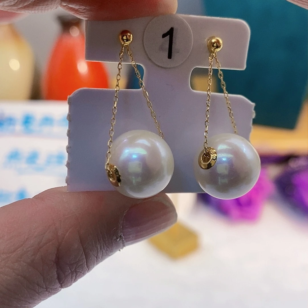 18K金镶嵌耳饰淡水珍珠秋千13mm