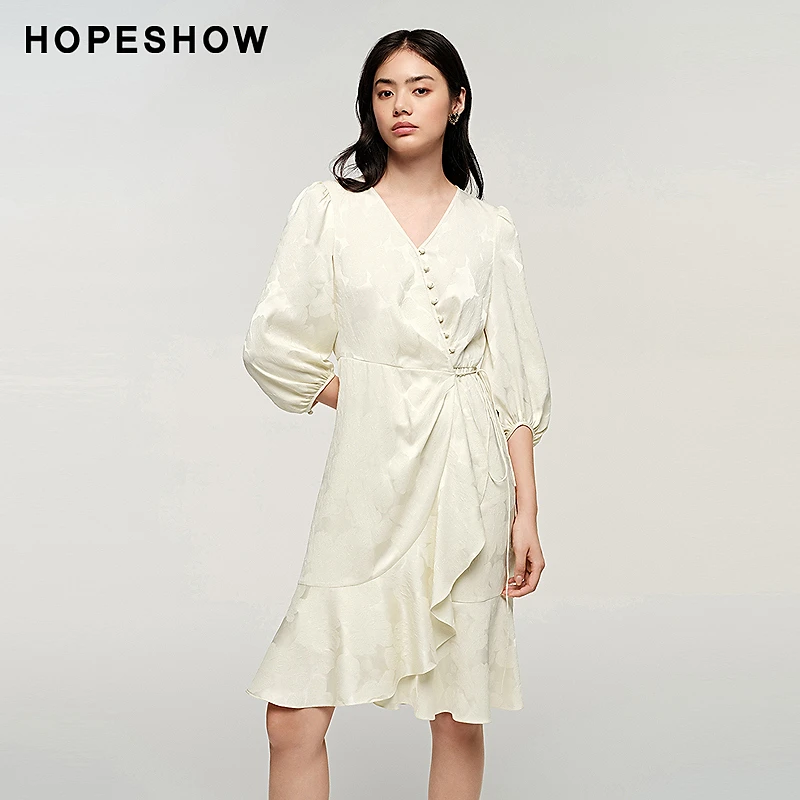 红袖秋季新款女装 新中式提花侧拉V领套头连衣裙89124291618