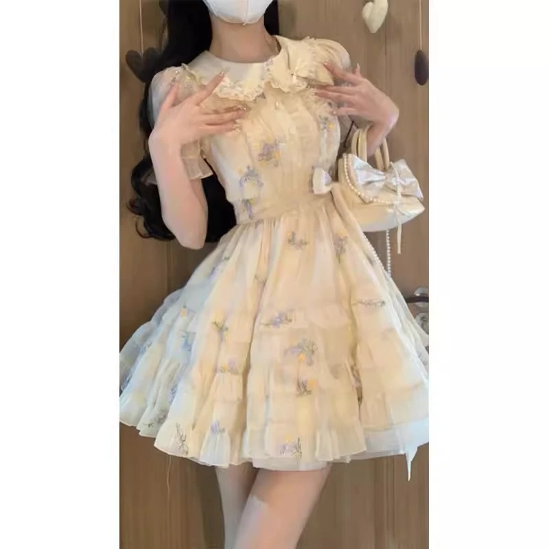 法式可爱减龄娃娃领网纱碎花仙女连衣裙小个子温柔风甜美公主裙