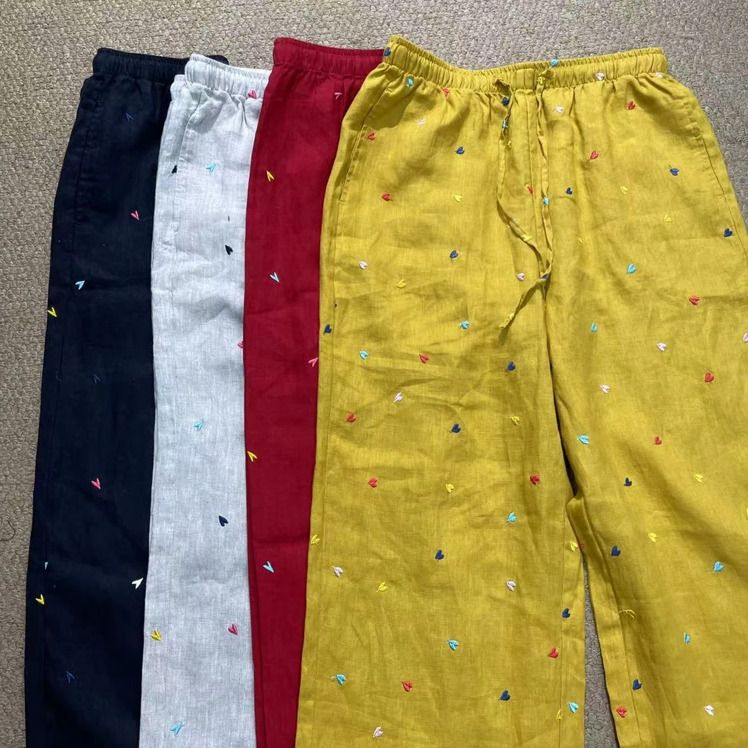 25088 【专柜货断码福利】高定亚麻刺绣爱心薄款舒适宽松休闲裤