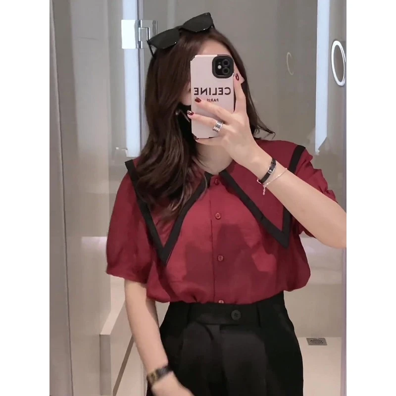 【芭雅莲】娃娃领短袖女衬衫新款夏季别致漂亮小衫高级感泡泡袖上