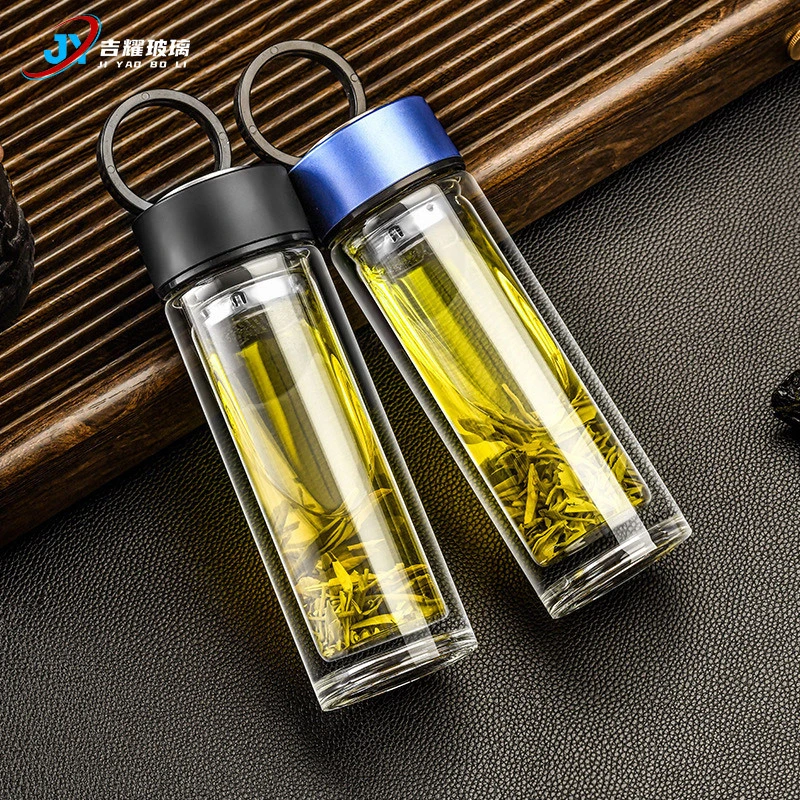 创意提环玻璃茶杯双层隔热过滤水杯男士商务水杯办公室泡茶杯