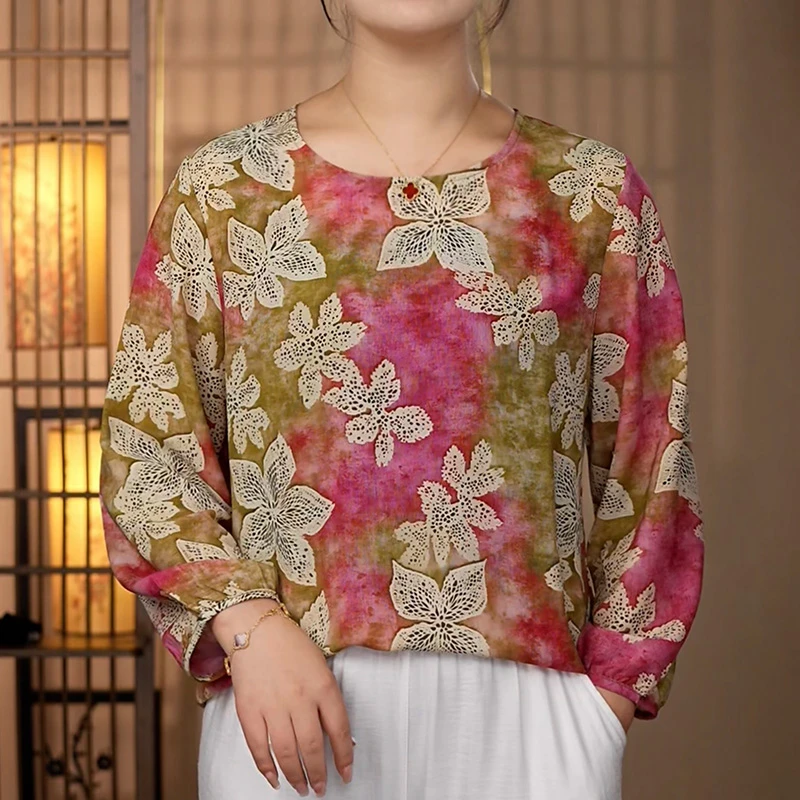 【039扎染四叶花】2025年新款复古新中式长袖显瘦圆领衬衫