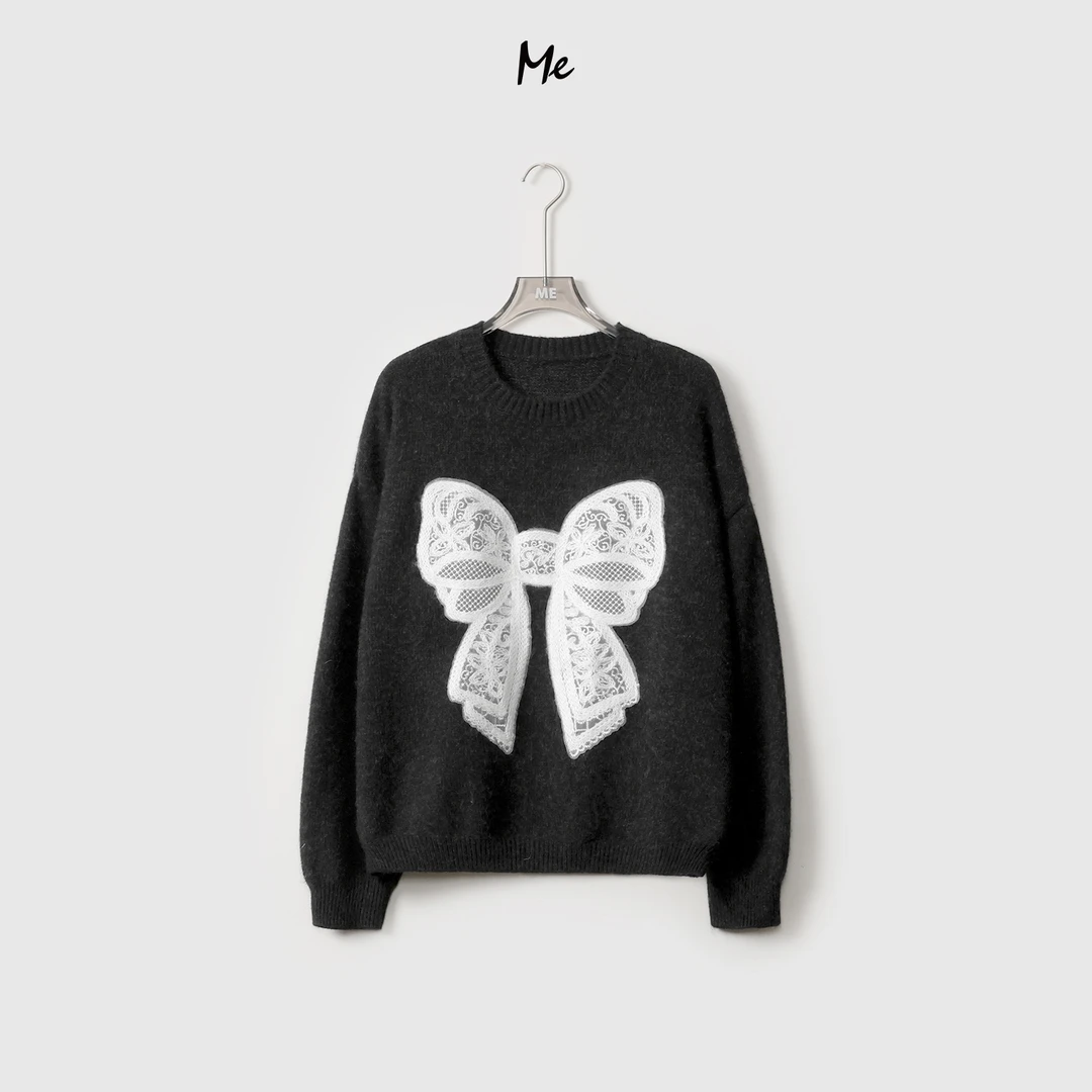 ME【蕾丝蝴蝶结】绵羊毛兔毛混纺拼接针织上衣罗纹圆领毛衣MEQA3960