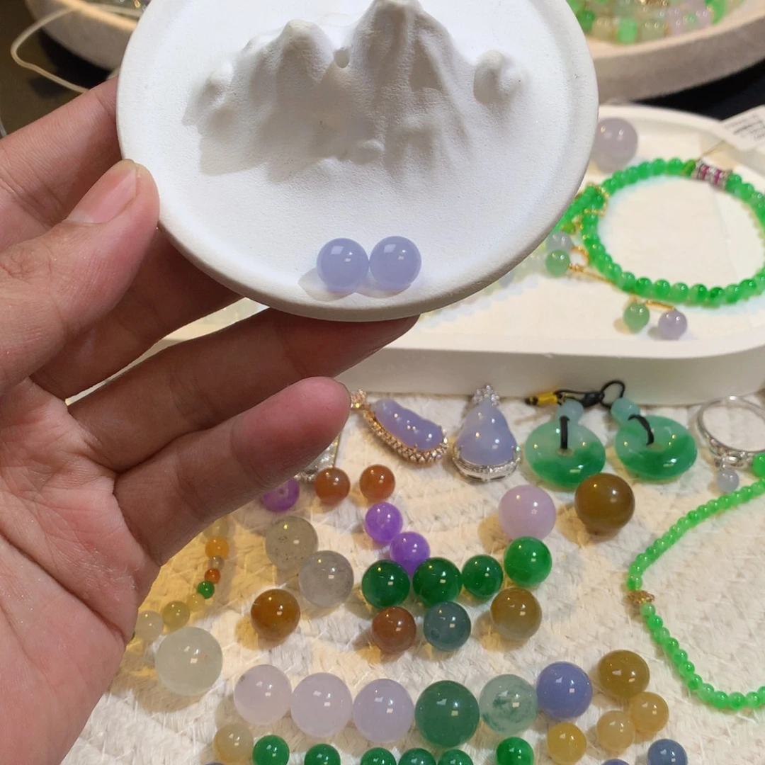 散珠翡翠8.5mm紫对珠一对
