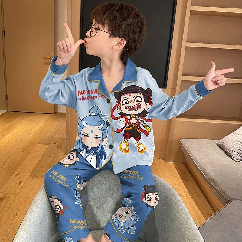 2025新款儿童卡通哪吒睡衣春秋季男孩纯棉长袖薄款中大童居家套装