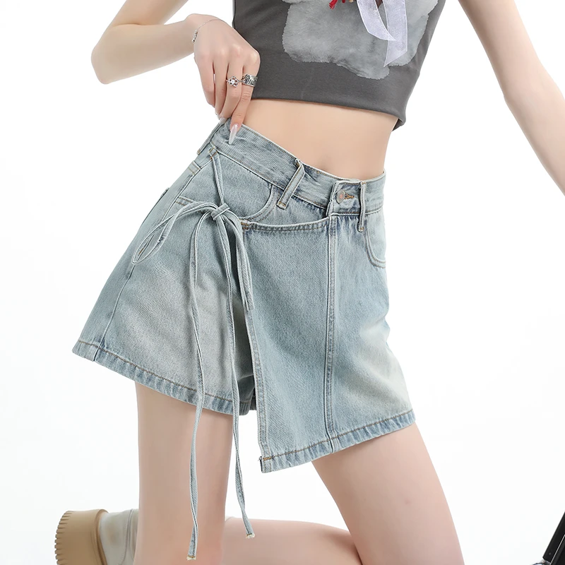 2025夏天上新#假两件牛仔短裤女字高腰不规则洋气绑带裙裤小个子