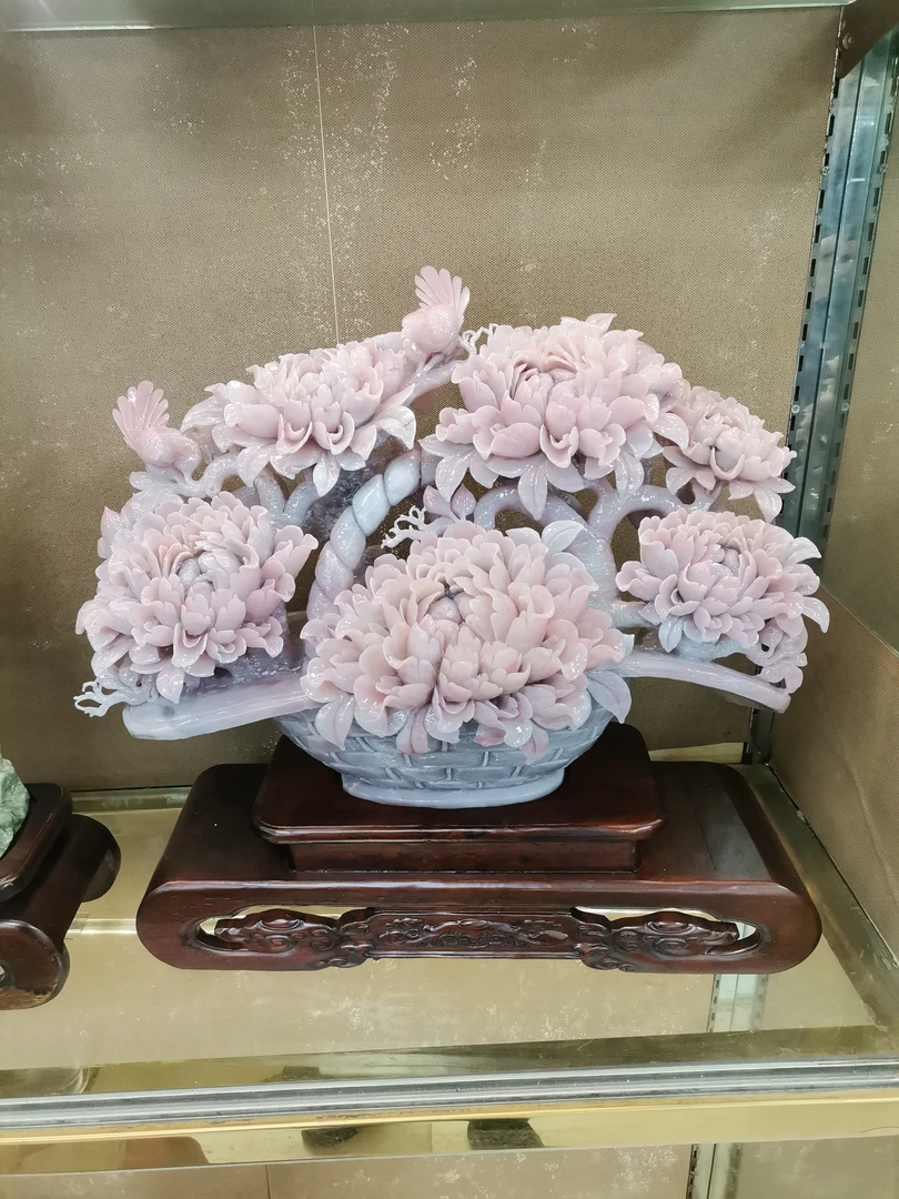 天然石材手工雕刻牡丹花粉色料子。高档家居客厅玄关工艺礼品摆件