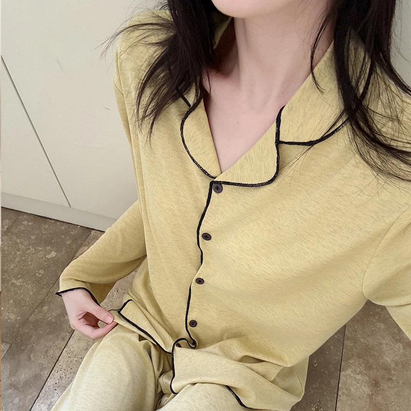 睡衣女款春秋季长袖宽松可外穿带胸垫奶黄休闲翻领大码家居服套装