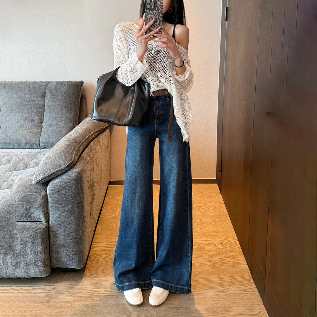 深蓝色复古美式微喇牛仔裤女2025新款不贴腿梨形身材阔腿喇叭裤子