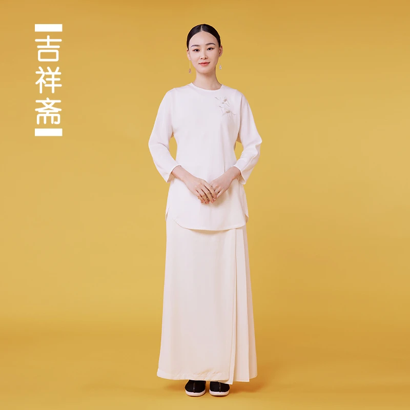 吉祥斋鹤兰亭套头上衣重磅桑蚕丝圆领刺绣国风