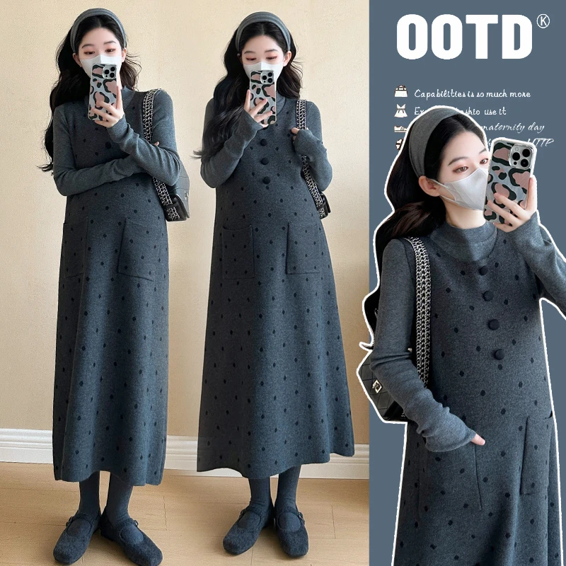 孕妇装韩版显瘦秋冬孕妇妇刺绣毛衣背心裙泡泡袖半高领打底两件套