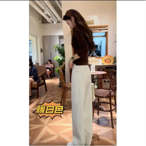 新款秋冬加绒加厚复古弯刀休闲裤高腰显瘦百搭直筒裤