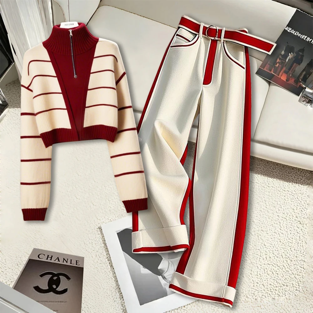 【现货】本命年穿搭一整套撞色条纹毛衣女高腰阔腿休闲裤子两件套潮
