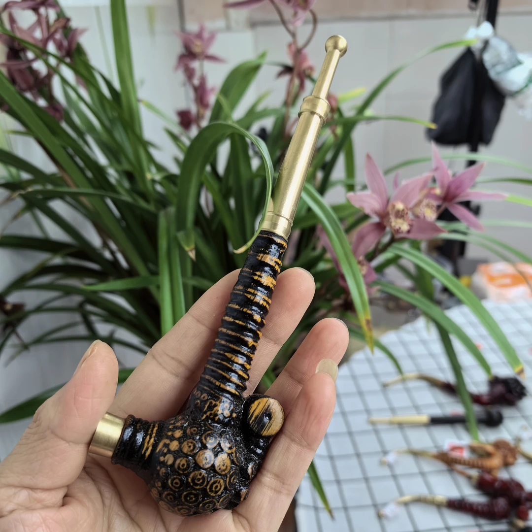 贵州实心竹雕刻黑色直杆一体16公分三用火口