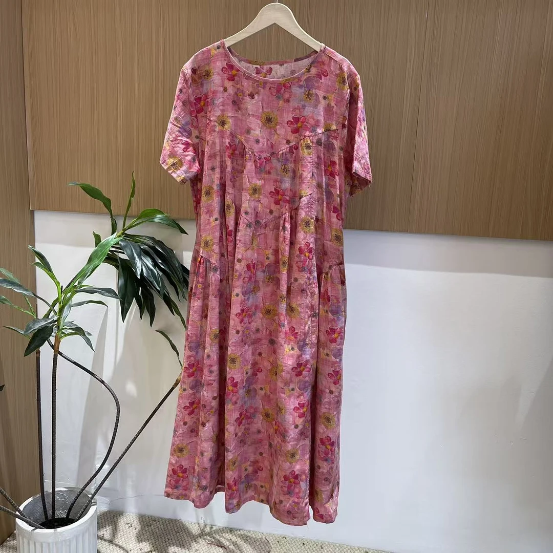 12635新款夏季优雅宽松大气印花福利款棉麻连衣裙