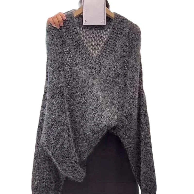 覆古慵懒设计感宽松灰色针织衫女春秋季新款加厚套头V领长袖毛衣