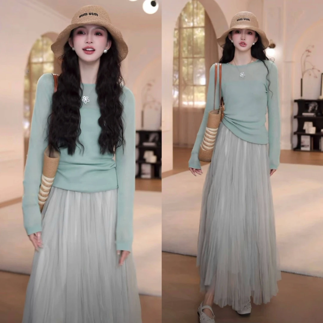 一整套高级感气质轻薄罩衫+飘逸半身裙两件套2025夏时尚休闲套装