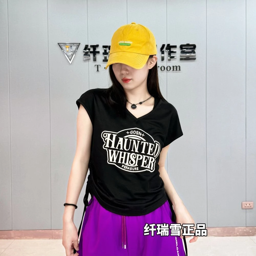 短款短袖宽松型V领抽褶可调节T恤女性老钱风肯豆风显瘦运动健身