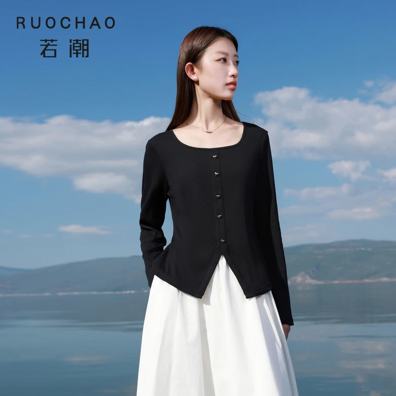 三彩大码女装2025秋新款方领罗纹T恤弹力长袖修身爱心扣胖MM