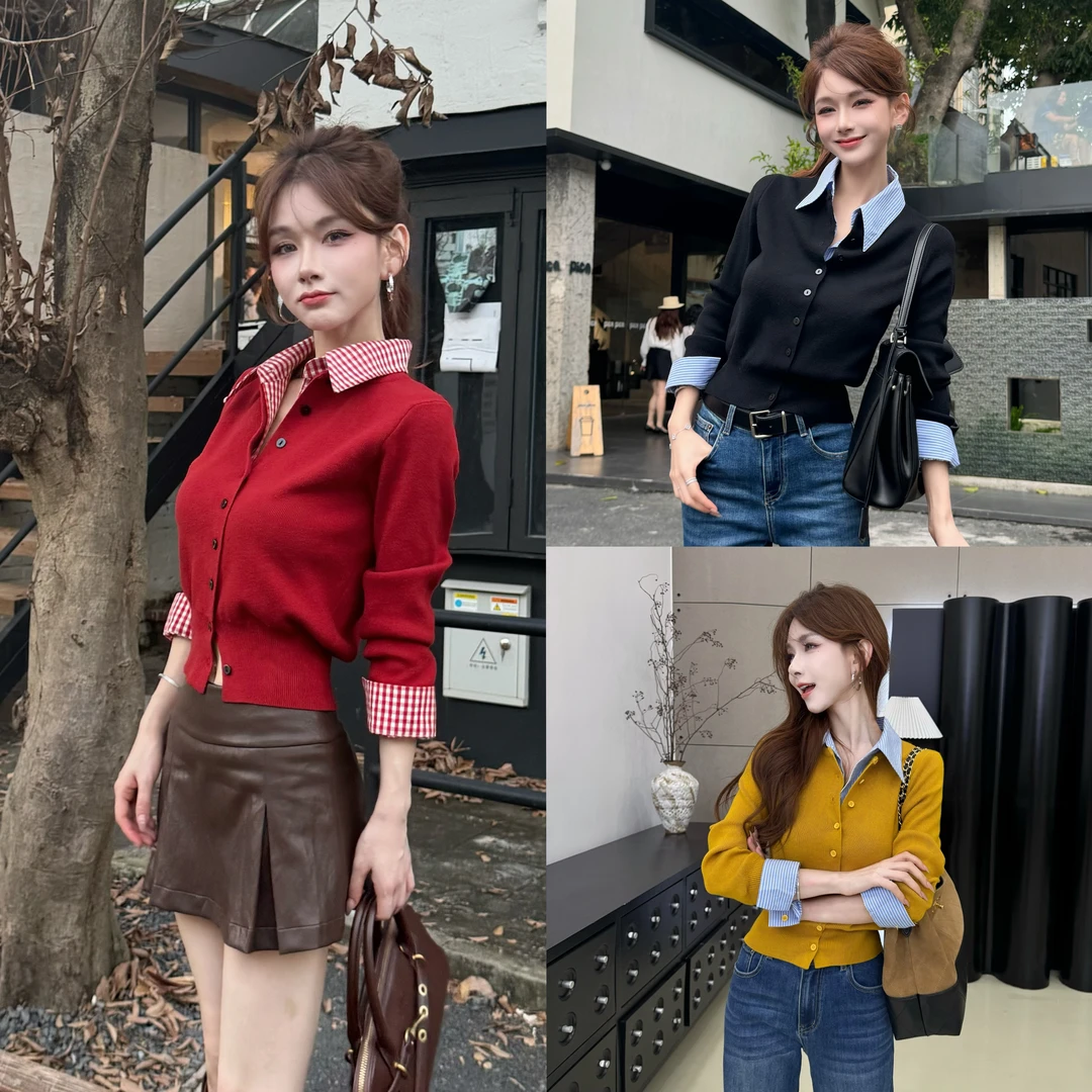 【矜蓝织构】格子拼接外搭修身假两件打底开衫上衣